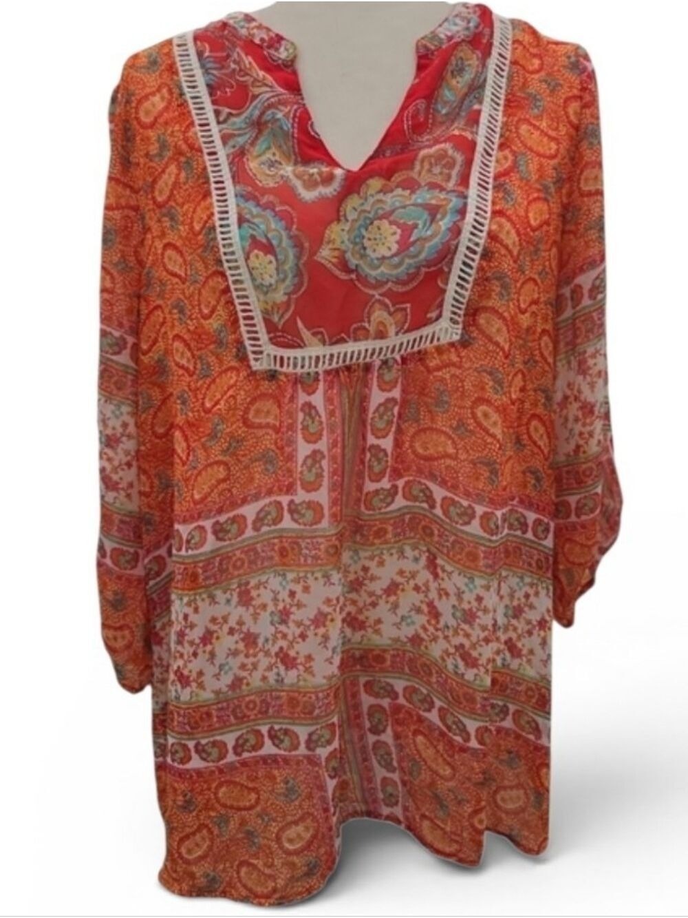 Fig and Flower Orange Red Paisley Blouse Sheer Beach Coverup
